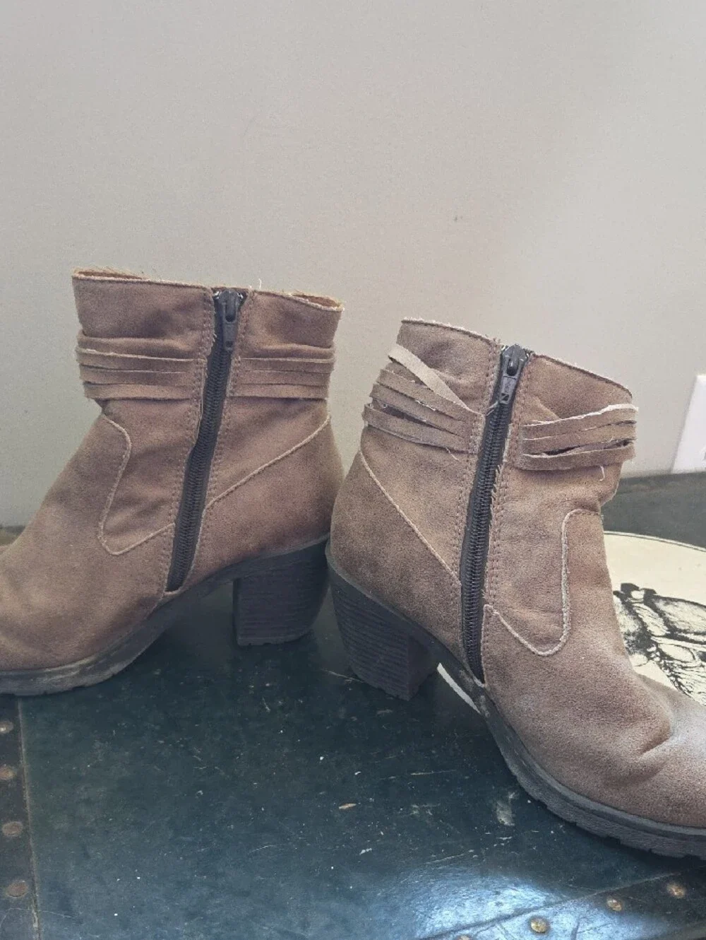 Women's B.O.C. Taupe Suede Ankle Boots with Fringe Tie